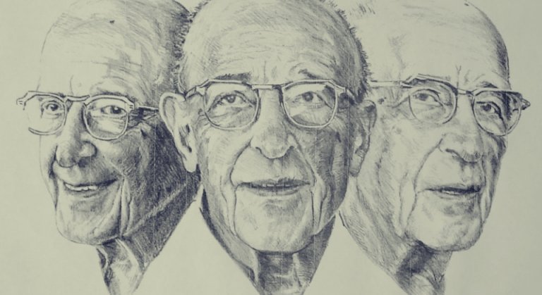 three drawn faces of Carl Rogers.