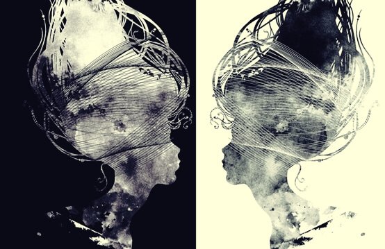 Black and white profiles of a woman.