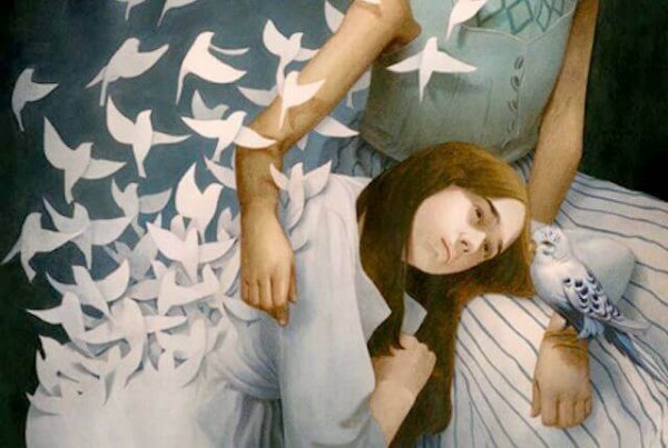 A woman and birds.