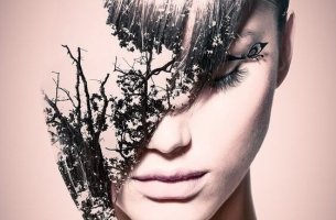 Woman with tree superimposed on face