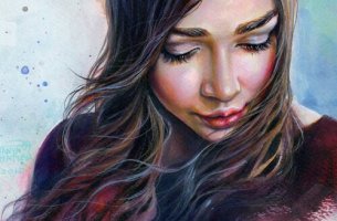 A drawing of a lady looking down.