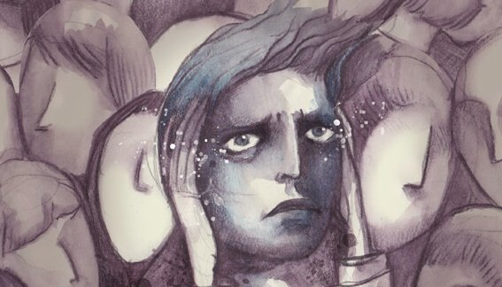 person in crowd having memory loss from stress