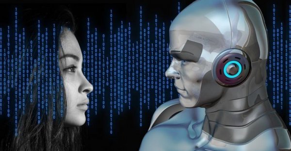 woman's face in front of robot with artificial intelligence