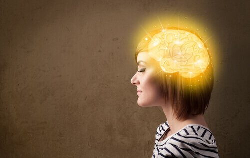 A woman with an illuminated brain from self-hypnosis.