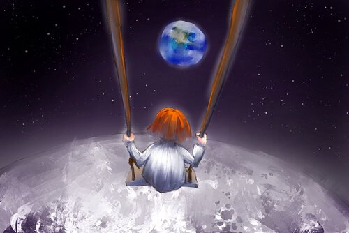 Boy on swing on the moon