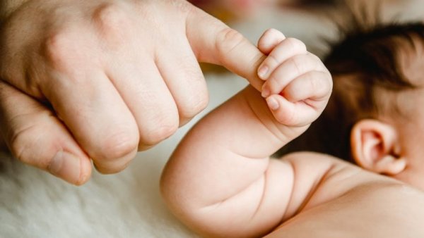 Parent holding baby's finger