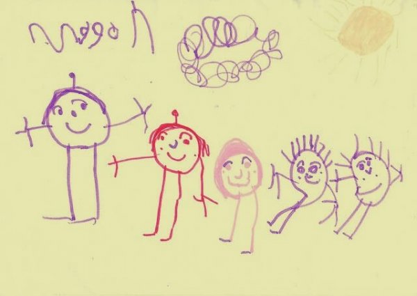 A happy family in a drawing.
