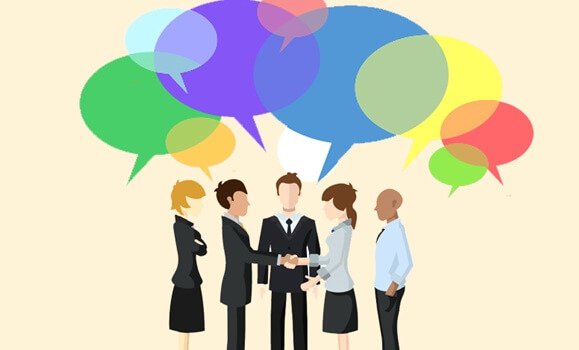 A business meeting with speech bubbles.