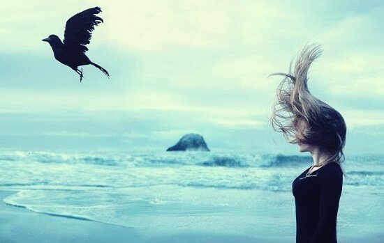 girl watching crow (symbol for emotional takers) fly away
