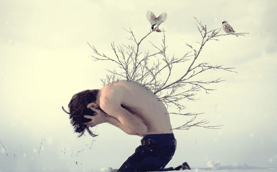 man with branches on his back
