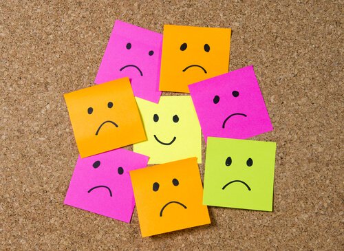 Post it notes showing happy and sad faces.