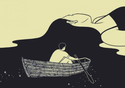 man rowing a boat in a woman's hair