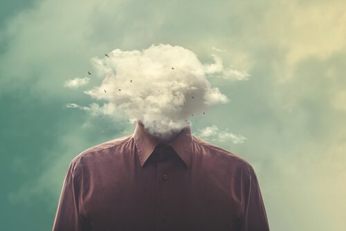 Person thinking, with head in shape of a cloud.