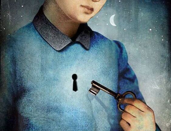 young man with a lock in his chest and a key in his hand