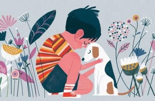 A boy crying hugging a dog.