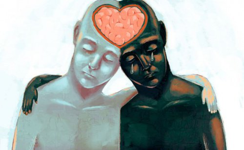 maleri af mørk og lys person der deler hjerte i hjernen som symbol for at blive bedre til at diskutere