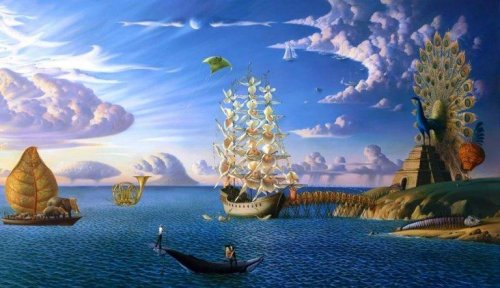 en fantasiverden med hav og skibe