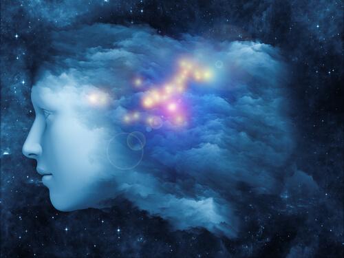 det ubevidste sind illustreres af persons hoved formet i sky