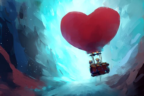 Two people floating in a heart-shaped balloon.