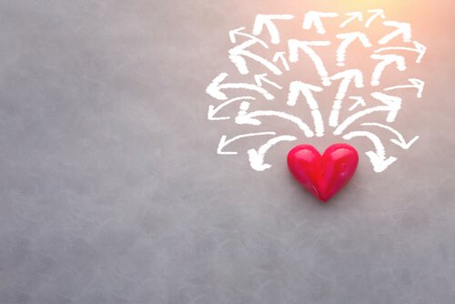 mange pile i forskellige retninger, der udspringer af et hjerte