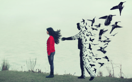 Man fading into birds.