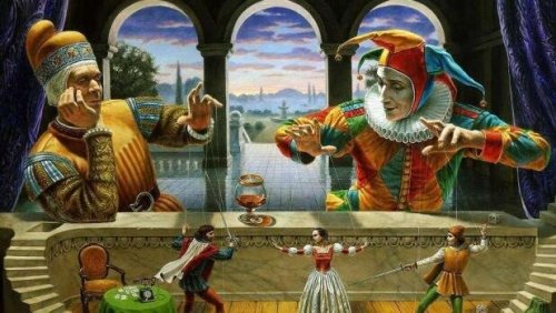 Jester handling puppets.