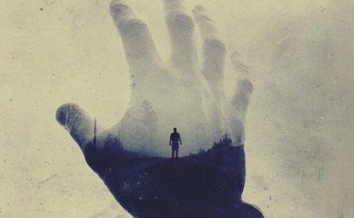 Illusion of a man on a hand.