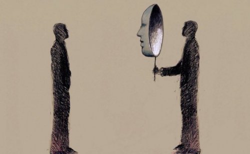 Man holding a mask of pathological narcissism.