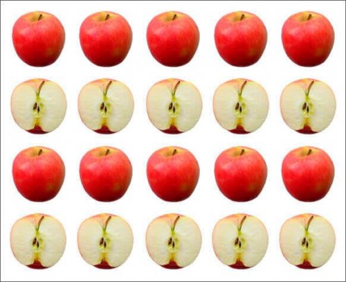 fire rækker med hele og halve æbler