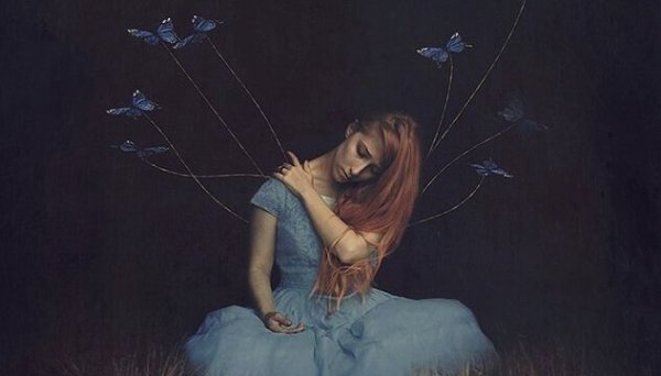 Girl with tied up butterflies symbolizing ego traps.