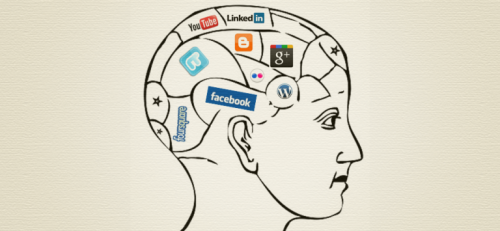 A man's brain filled with social media platforms.
