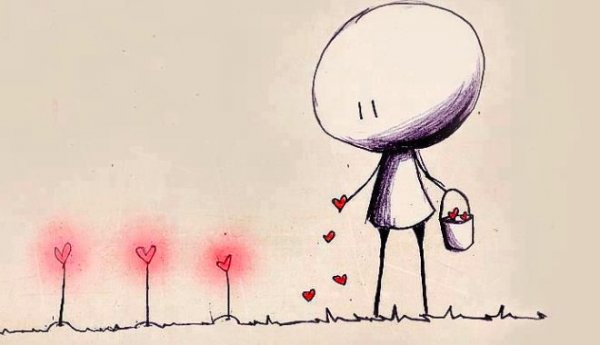 Stick figure planting love.