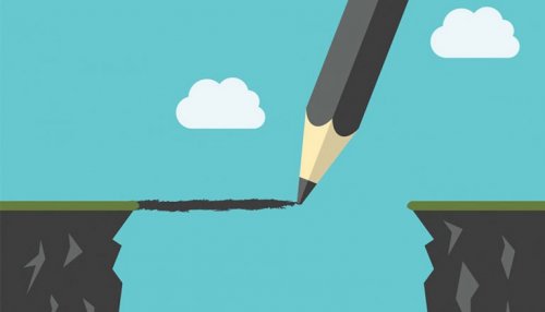 A pencil drawing a bridge between two mountains.