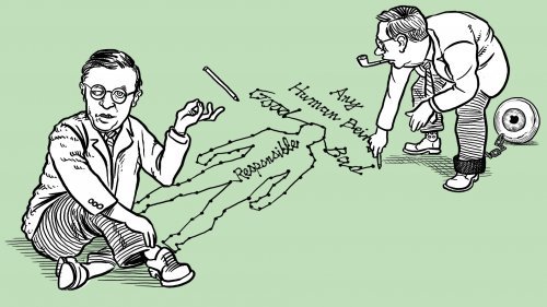 Cartoon of satre drawing a person on the floor.
