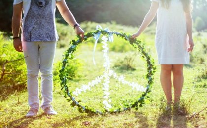 Women holding peace symbol.