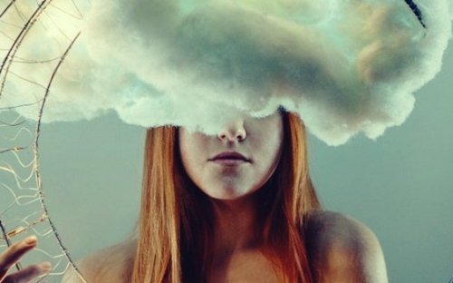 Woman with a cloud over her head.