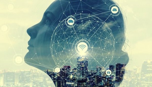 A woman and a city in the background.