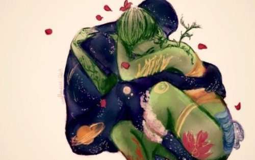A couple in love embracing.
