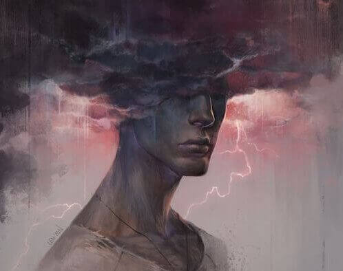 A man with a black cloud over his head.