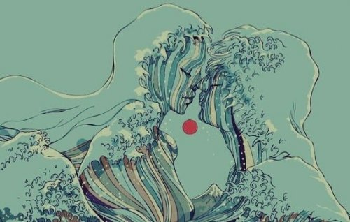 Waves forming the shape of two people.