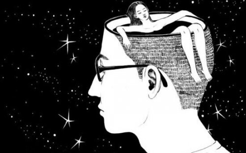 A woman bathing in a man's head.