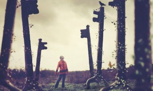 Man surrounded by giant keys.