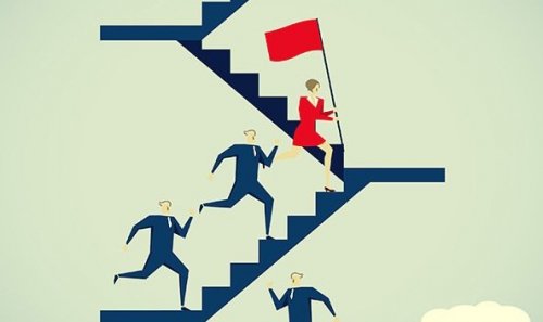 A business woman guiding men.