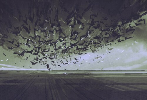 Fearful man running away from crows.