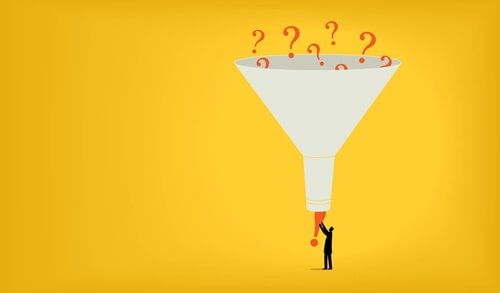 Funnel with question marks.