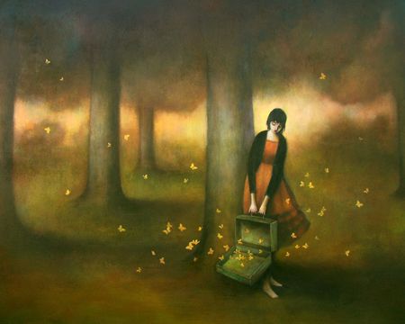 A woman with a suitcase full of butterflies moving on.