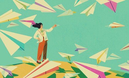 Woman with paper planes.