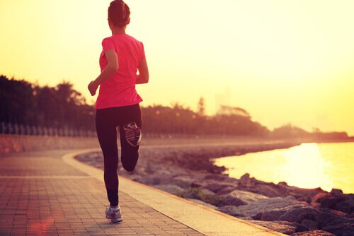 A woman jogging.