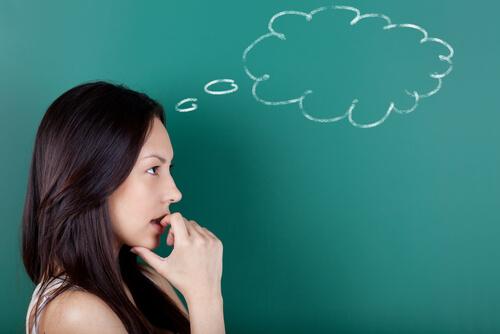 A woman with a drawn cloud over her head.