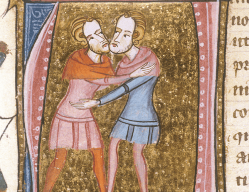 Two men hugging representing adelphopoiesis.